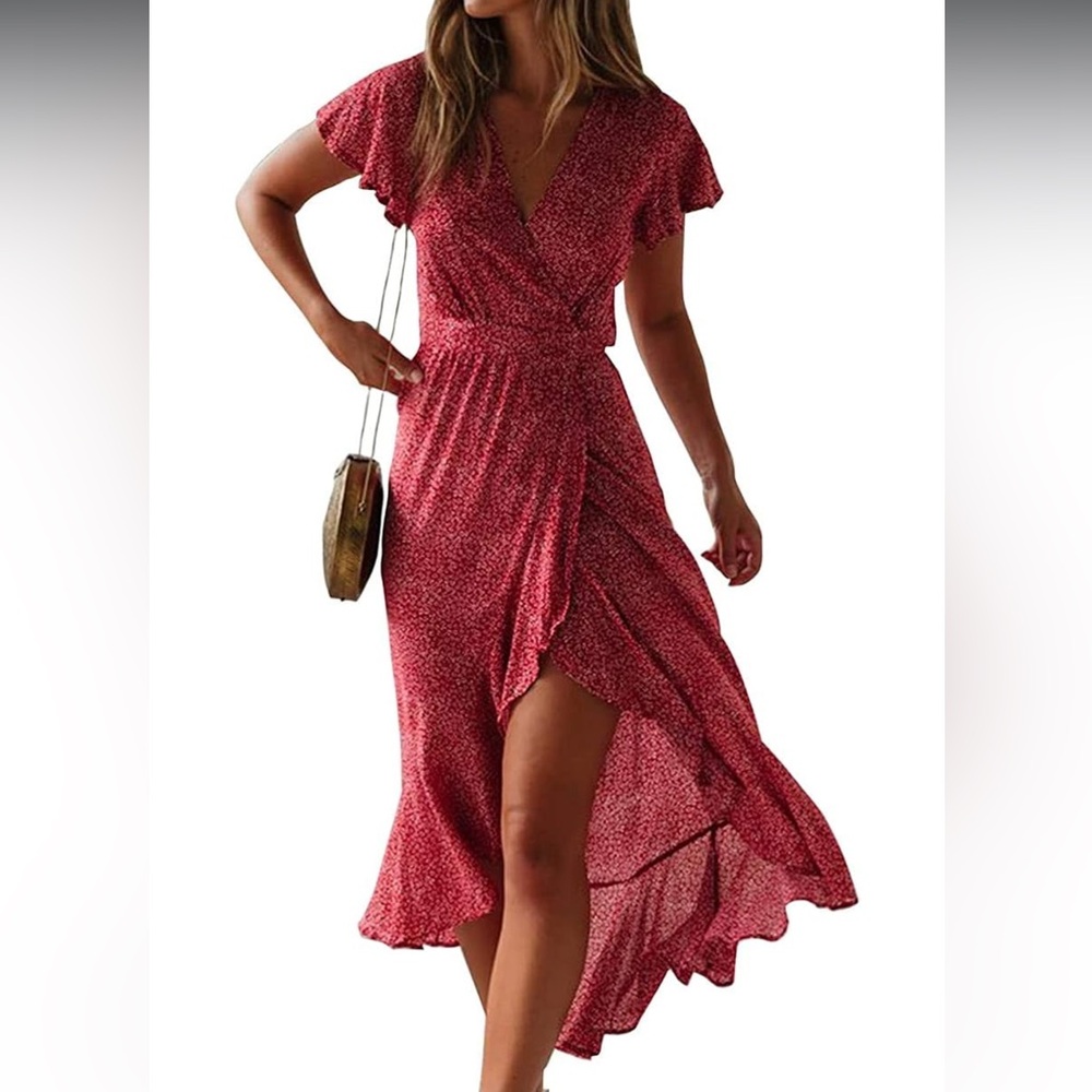 Red Ruched Wrap Dress
